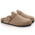 Men's clogs with adjustable buckle strap in beige suede-effect finish and contoured footbed
