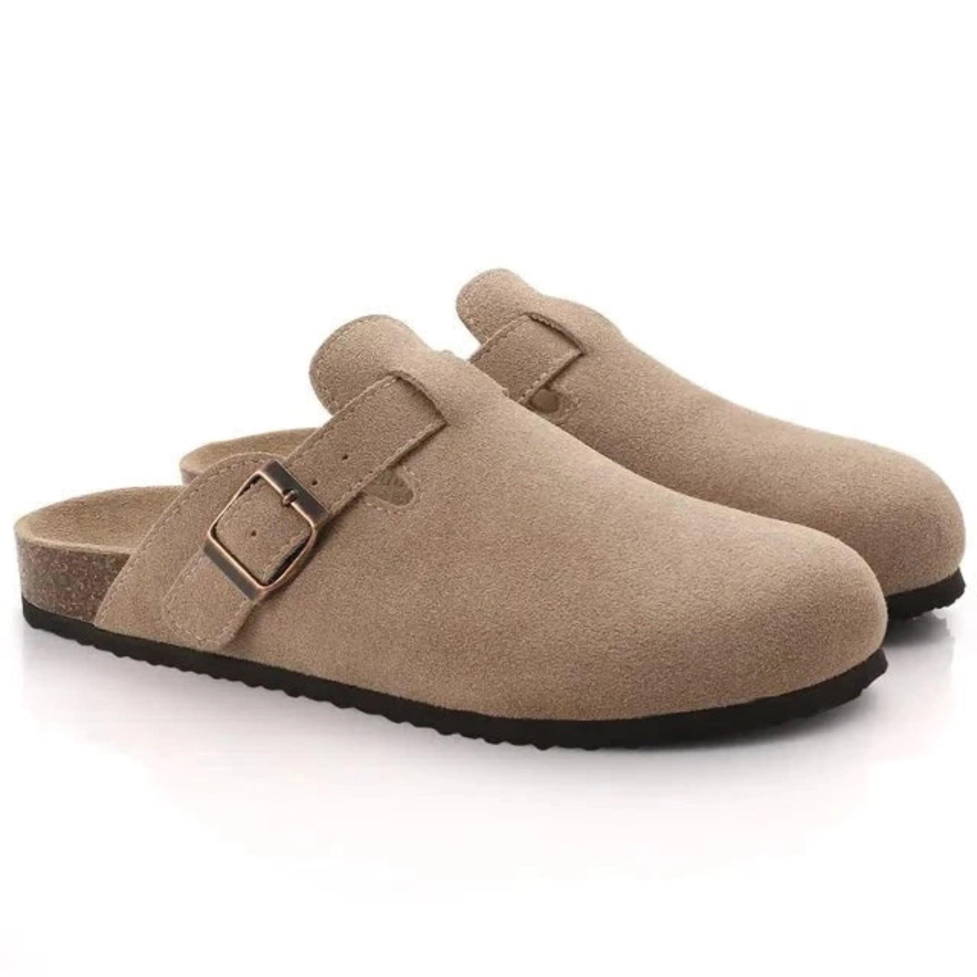 Men's clogs with adjustable buckle strap in beige suede-effect finish and contoured footbed