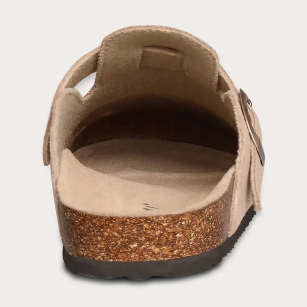 Pair of men's clogs with cork midsole and durable rubber outsole in neutral beige tone
