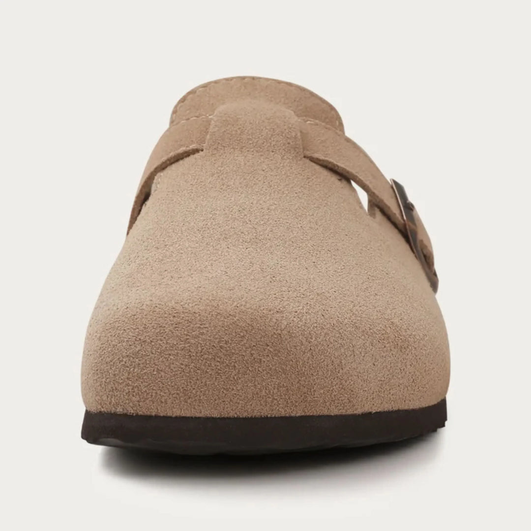 Men's casual clogs with adjustable buckle strap and supportive contoured footbed design