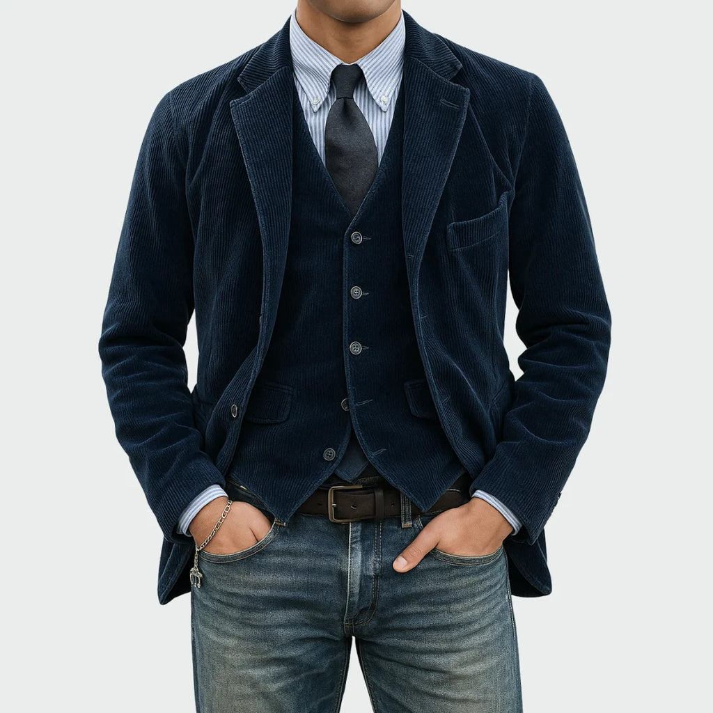 Men's navy corduroy blazer and waistcoat set with tailored fit and notch lapels worn over striped shirt