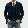 Men's navy corduroy blazer and waistcoat set with tailored fit and notch lapels worn over striped shirt