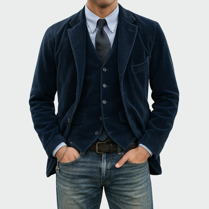 Men's navy corduroy blazer and waistcoat set with tailored fit and notch lapels worn over striped shirt
