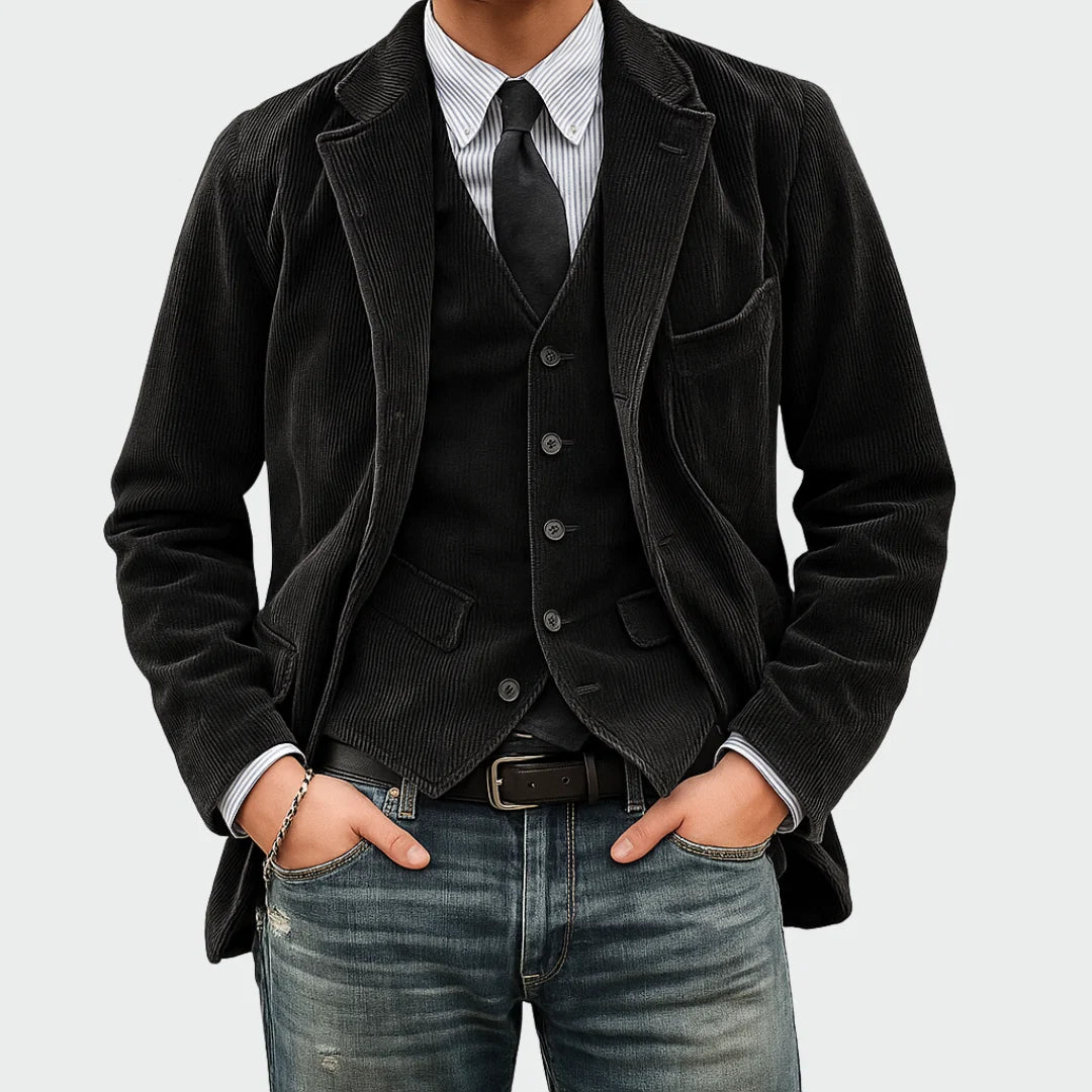 Close-up of men's corduroy blazer showing structured ribbed fabric and notch lapel detail