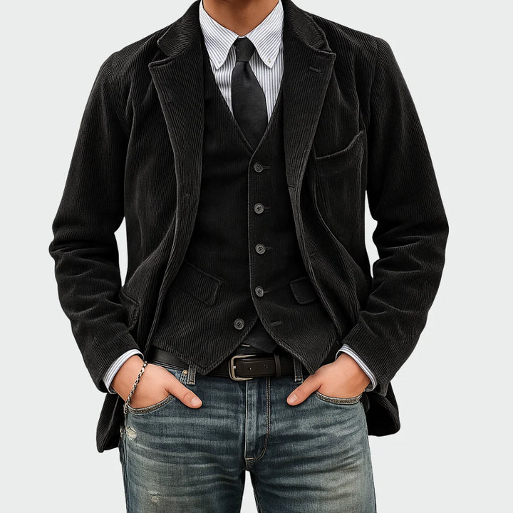 Close-up of men's corduroy blazer showing structured ribbed fabric and notch lapel detail