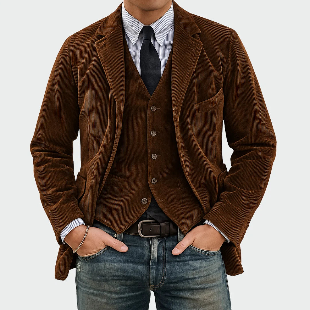 Men's corduroy waistcoat with four-button front closure and tailored fit in navy blue