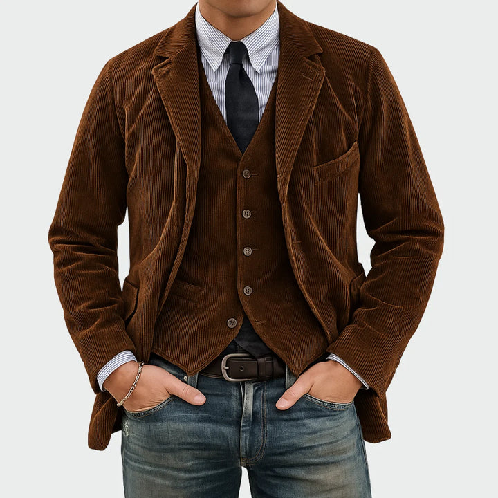Men's corduroy waistcoat with four-button front closure and tailored fit in navy blue