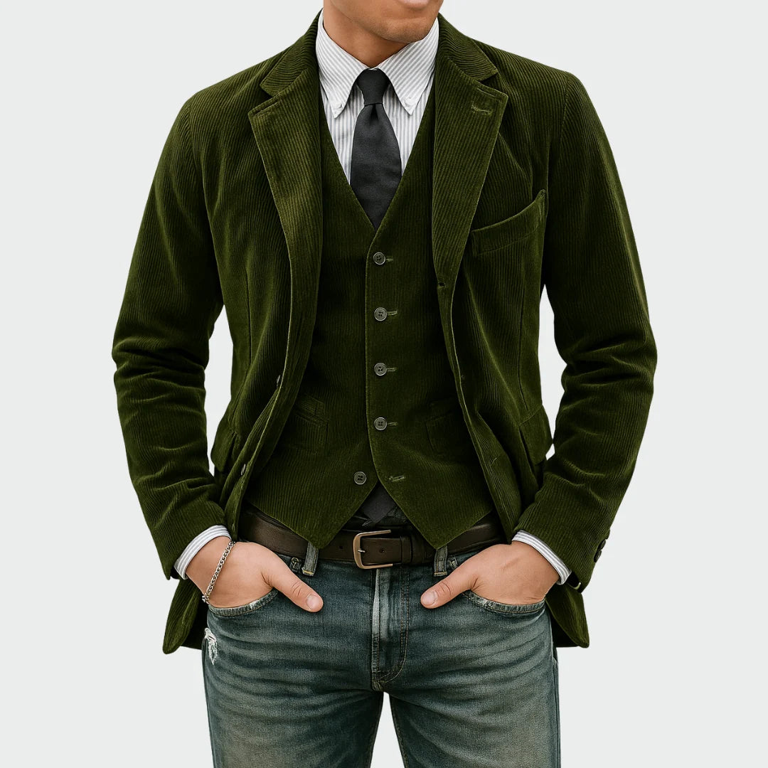 Side view of men's corduroy blazer set showing tailored silhouette and sleeve detail