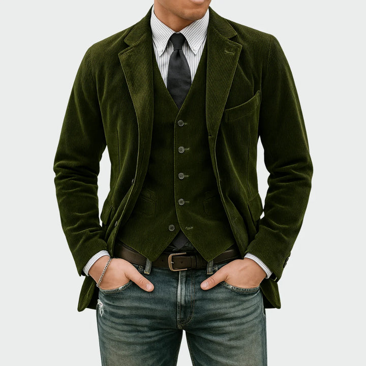 Side view of men's corduroy blazer set showing tailored silhouette and sleeve detail