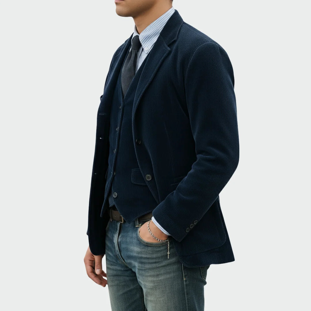 Men's corduroy blazer and waistcoat set styled with jeans for smart-casual look