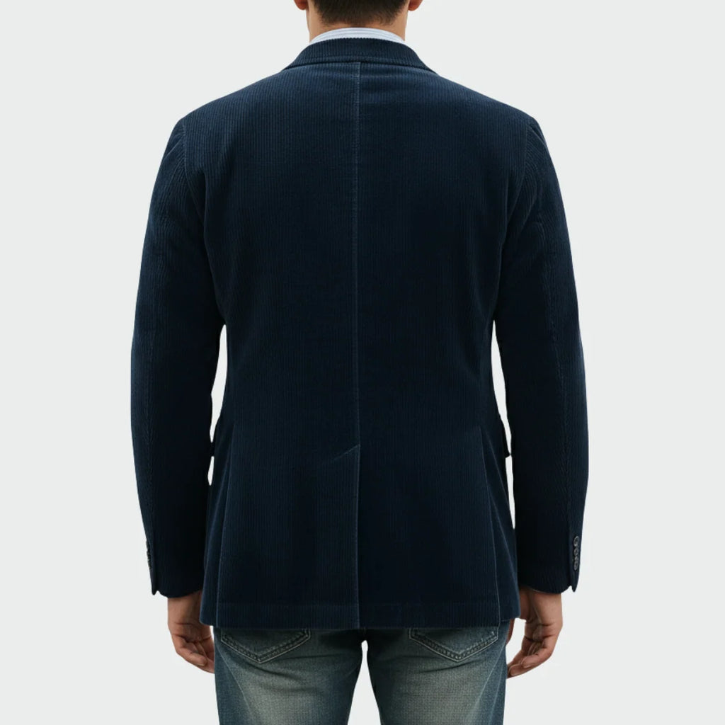 Full-length view of men's navy corduroy blazer and waistcoat set showing complete outfit styling