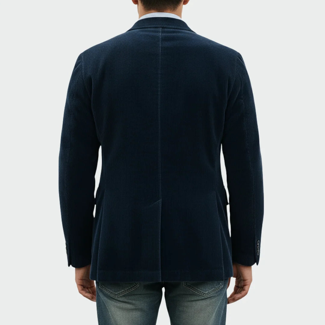 Full-length view of men's navy corduroy blazer and waistcoat set showing complete outfit styling