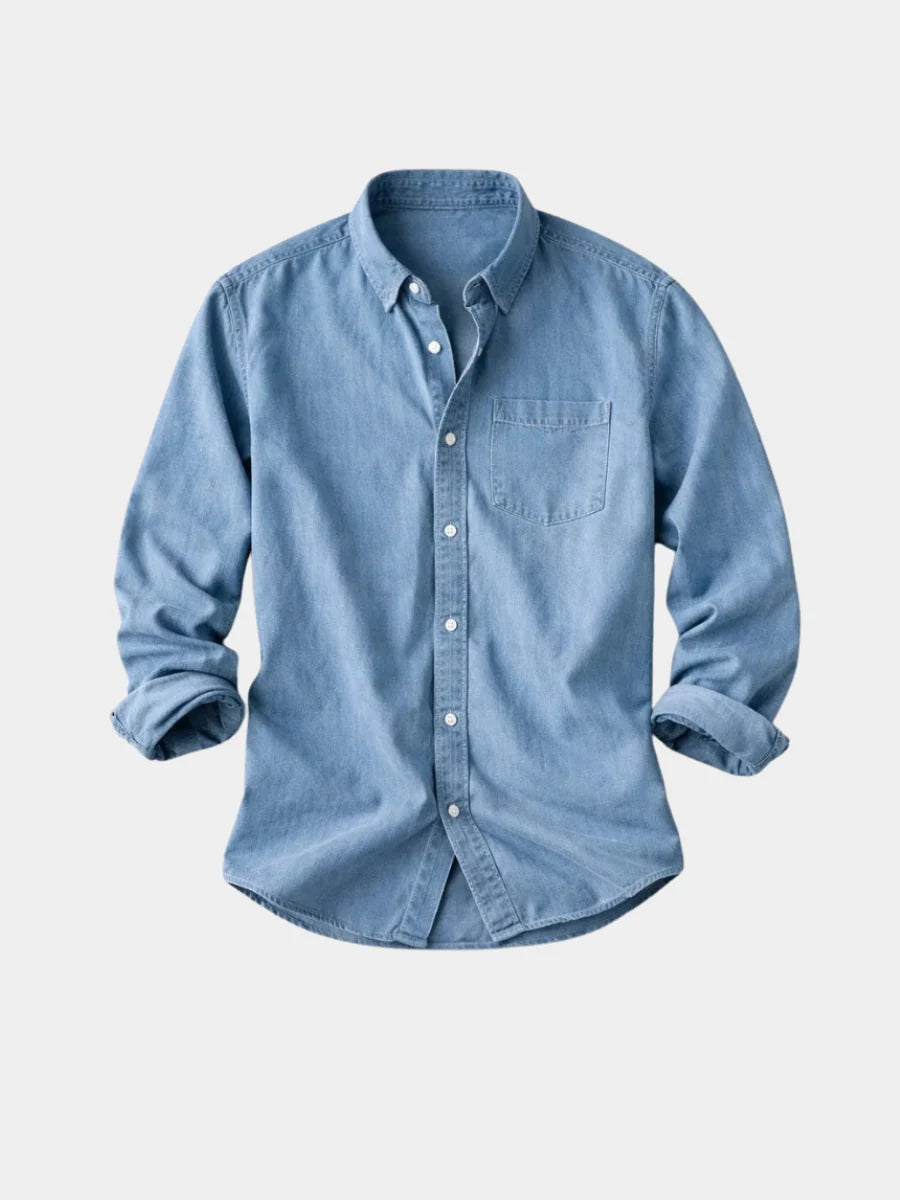 Men's denim shirt with long sleeves and button-down collar in light blue wash