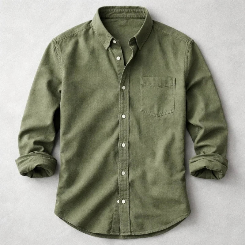 Relaxed fit men's denim shirt with curved hem and structured fabric
