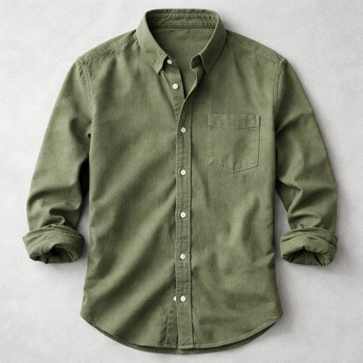 Relaxed fit men's denim shirt with curved hem and structured fabric