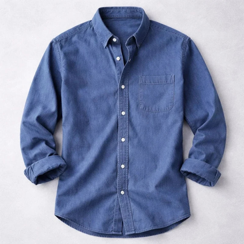 Men's casual denim shirt with button-down collar and classic chest pocket