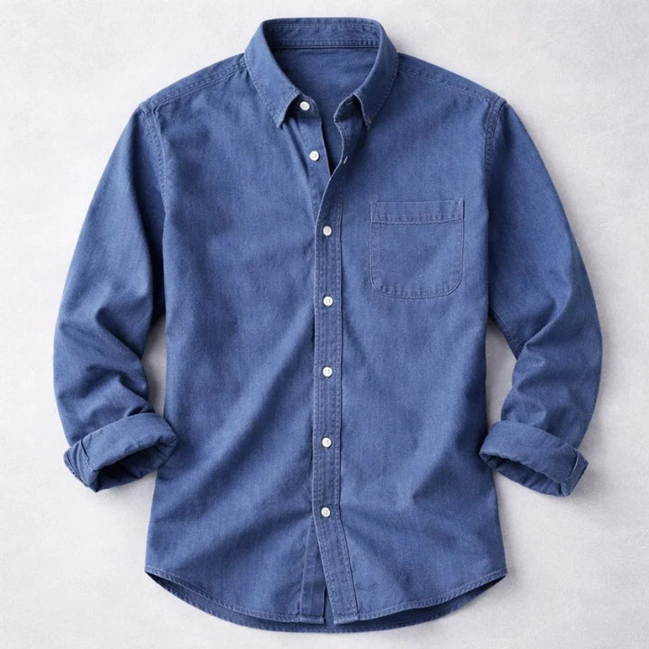 Men's casual denim shirt with button-down collar and classic chest pocket