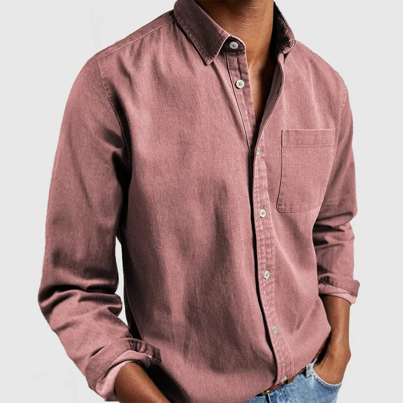 Men's long sleeve shirt in light blue denim with chest pocket detail