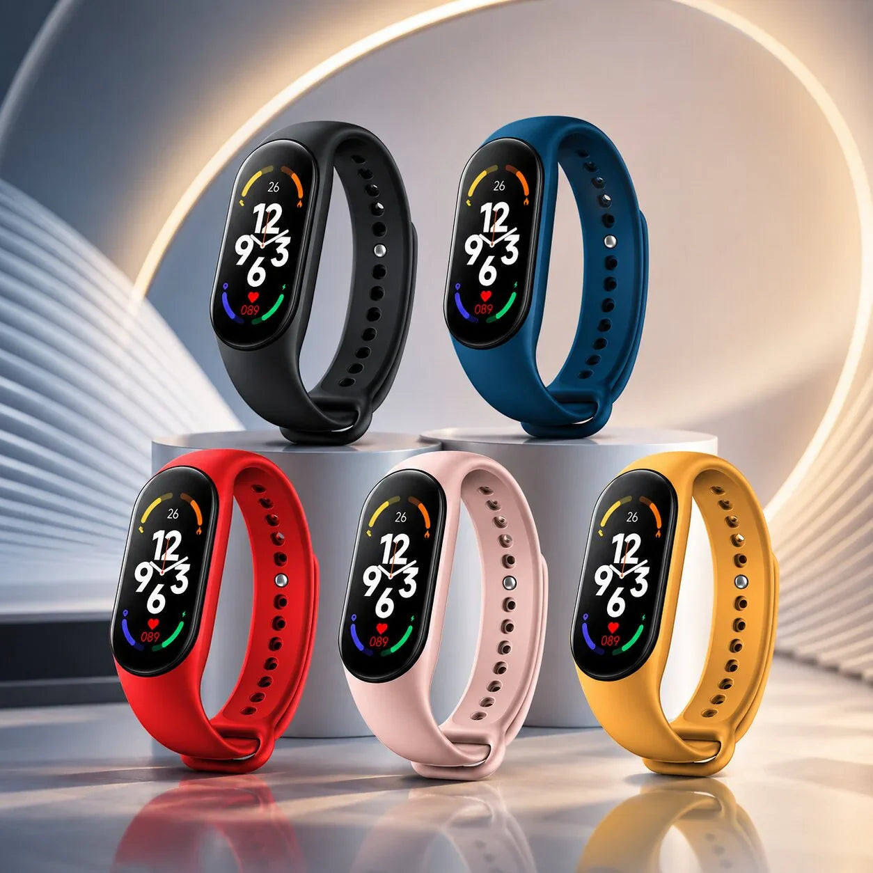 Men's fitness tracker watch with colour touchscreen display shown in black blue red pink and yellow silicone straps