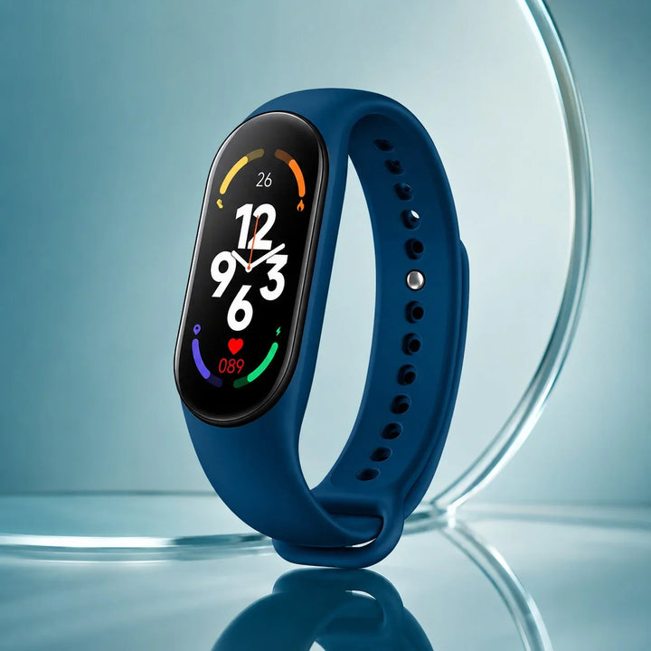 Detail of men's fitness tracker watch curved display and comfortable silicone band design