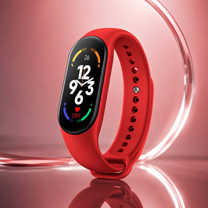 Men's fitness tracker watch touchscreen showing digital clock face and activity tracking features