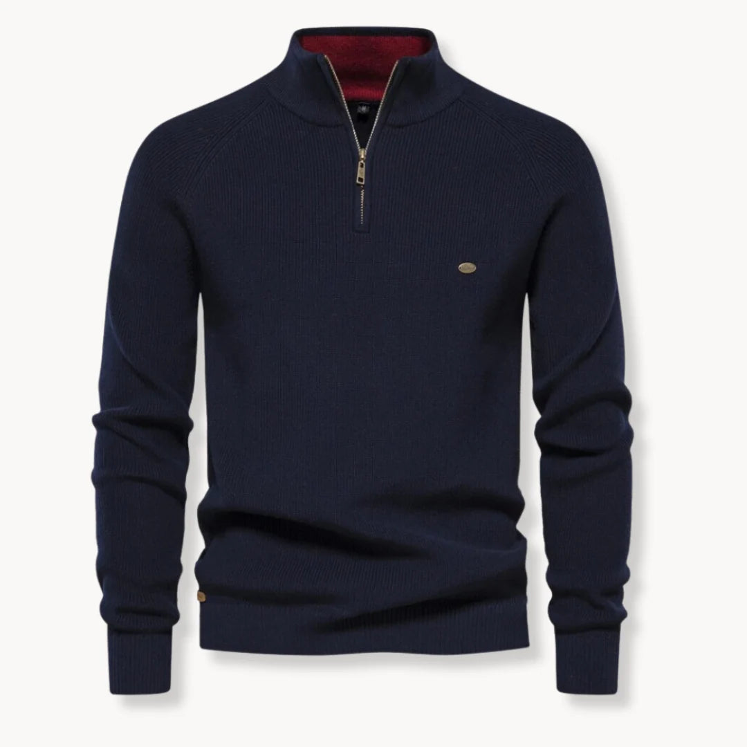 Men's half-zip ribbed knit jumper in navy with mock neck and raglan sleeves
