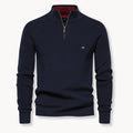 Men's half-zip ribbed knit jumper in navy with mock neck and raglan sleeves