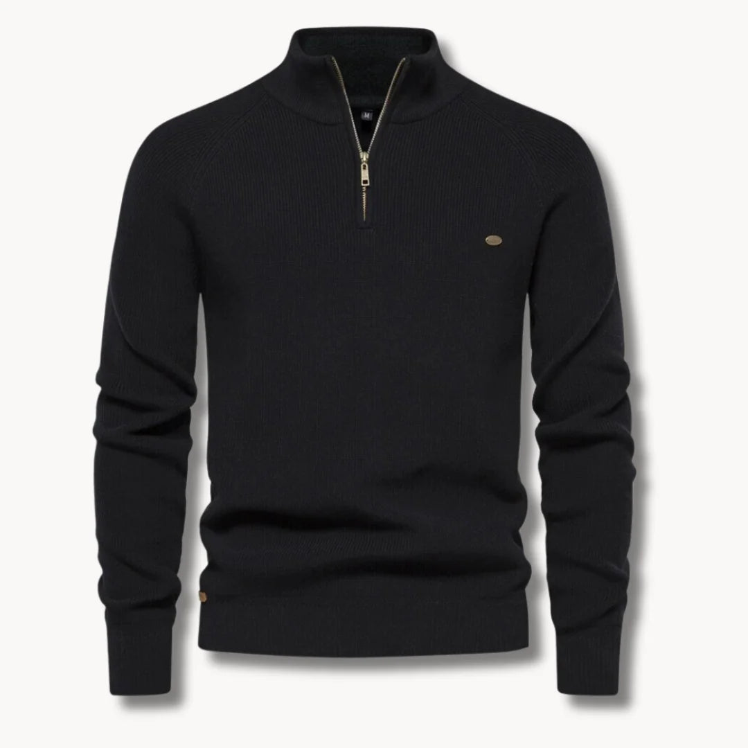 Close-up view of ribbed knit texture and half-zip detail on men's jumper
