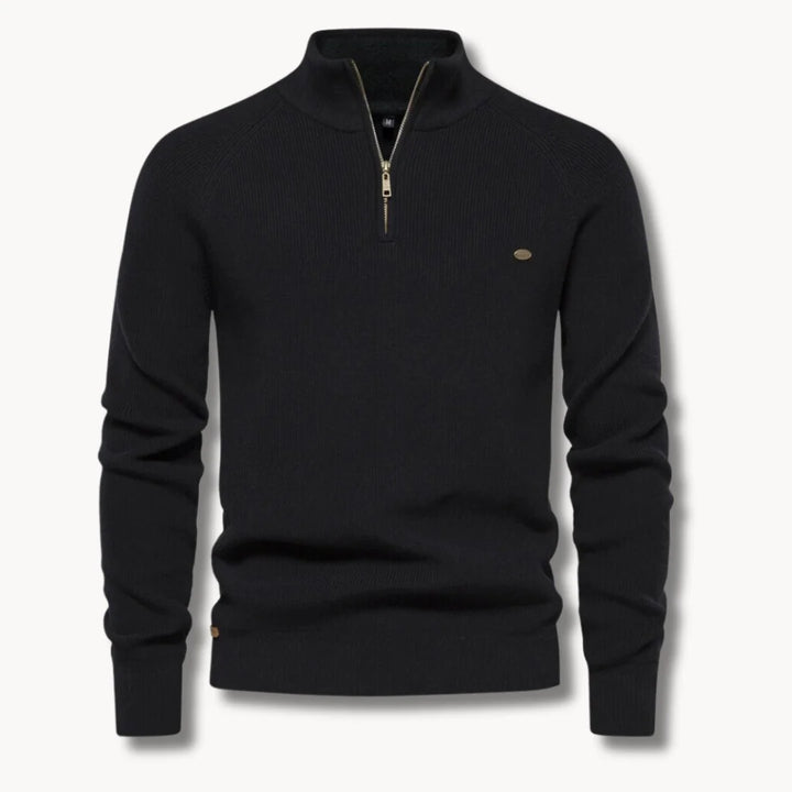 Close-up view of ribbed knit texture and half-zip detail on men's jumper