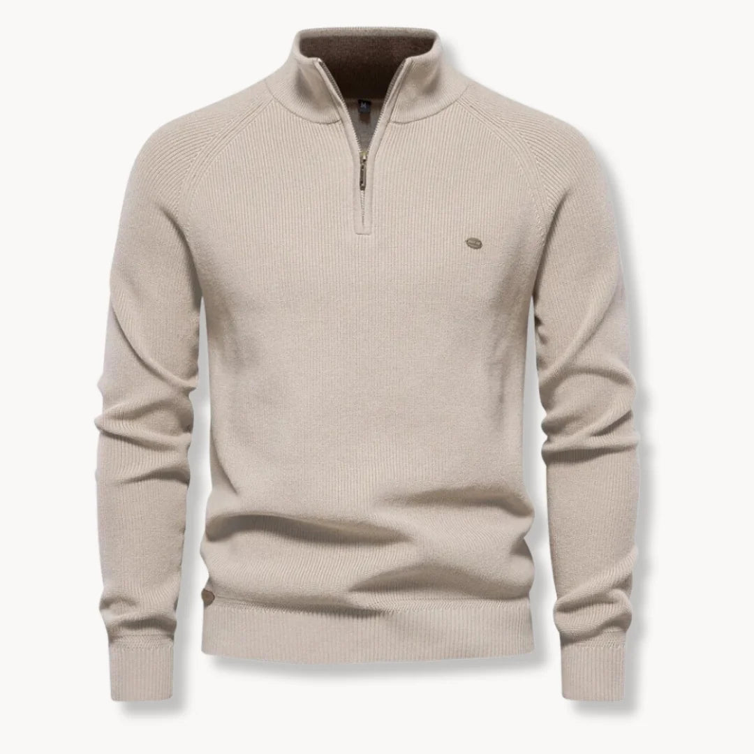 Side profile of men's navy ribbed jumper showing slim fit and raglan sleeve construction