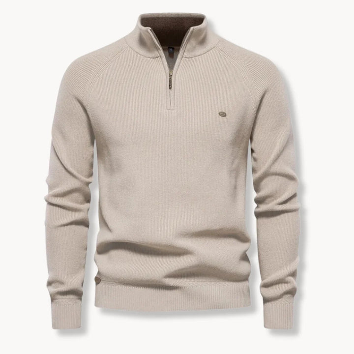 Side profile of men's navy ribbed jumper showing slim fit and raglan sleeve construction