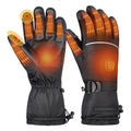 Men's heated winter gloves in black with orange heating zone illustration showing warmth distribution across fingers and palm