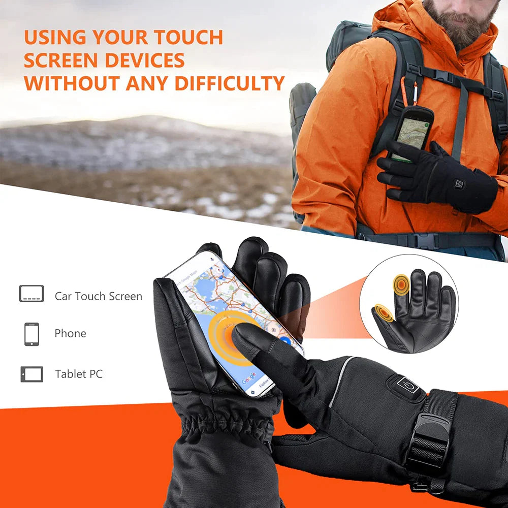 Close-up view of men's heated gloves showing textured fabric construction and heating element placement on fingers
