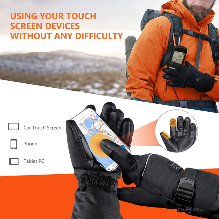 Close-up view of men's heated gloves showing textured fabric construction and heating element placement on fingers