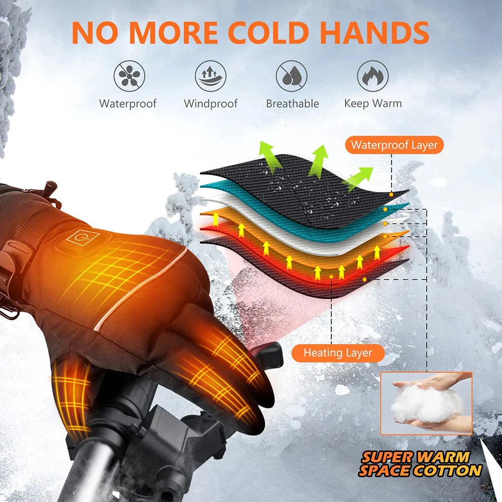 Side view of men's heated winter gloves displaying extended cuff with adjustable strap and drawcord closure
