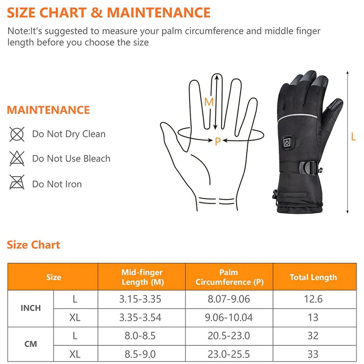 Men's heated gloves showing touchscreen-compatible fingertips and synthetic leather palm grip detail