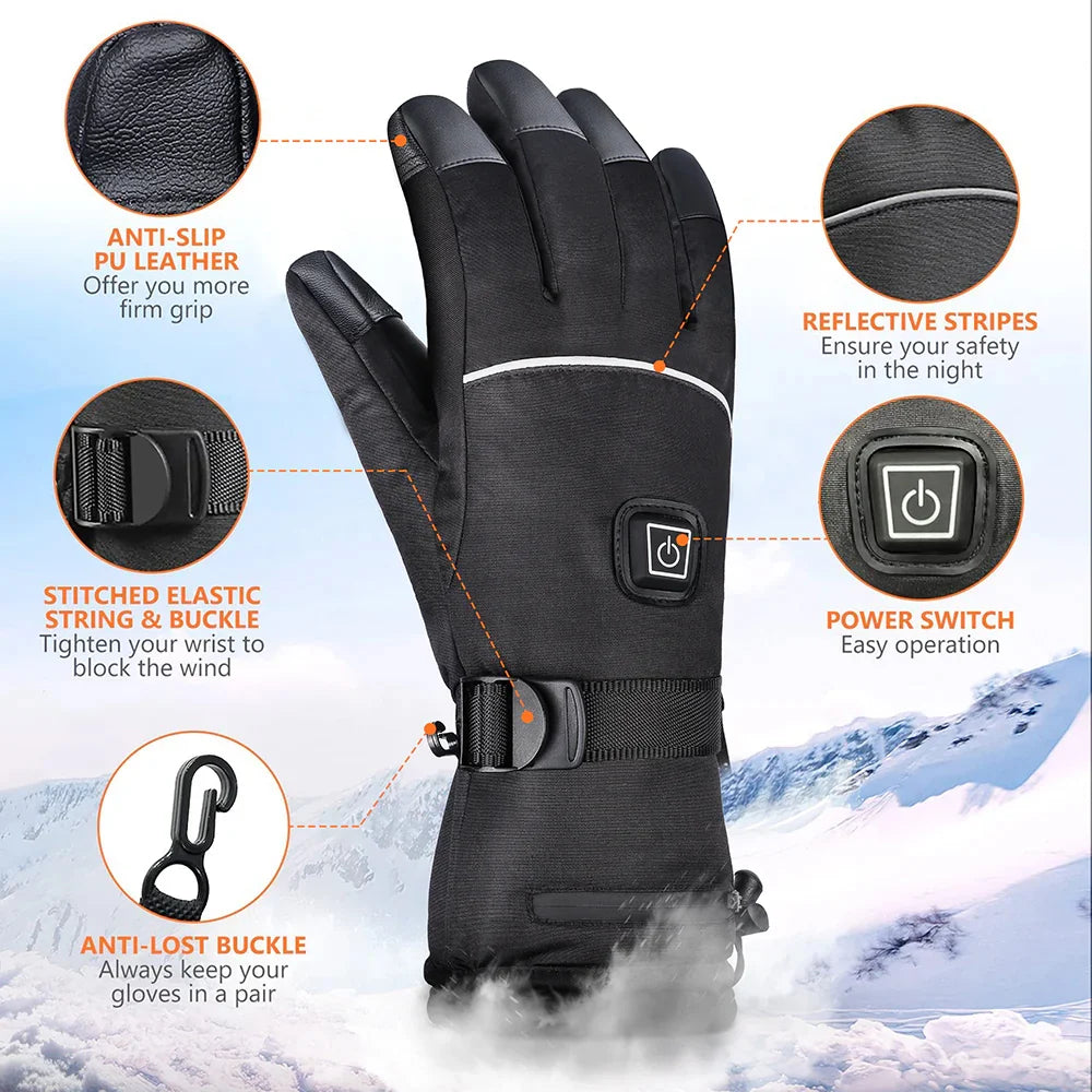 Rear view of men's heated winter gloves highlighting textured fabric back and heating zone coverage