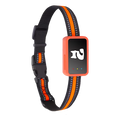 GPS pet tracker collar with orange striped nylon strap and electronic tracking device on black background