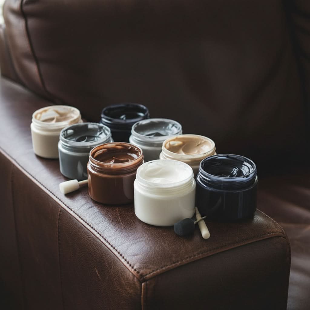 Leather repair paint kit in multiple colours displayed on brown leather sofa arm with applicator tools