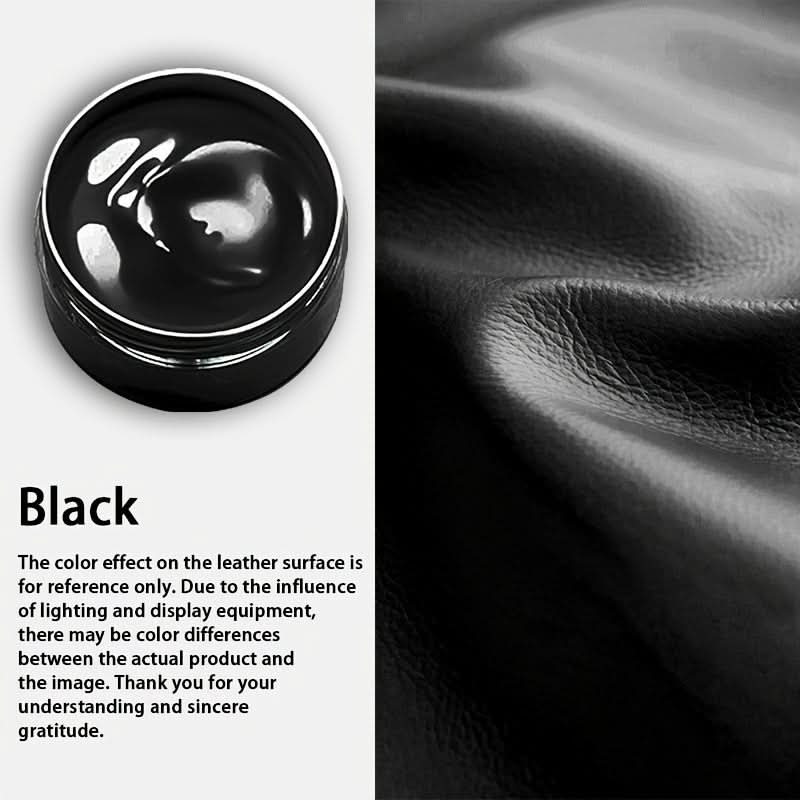 Detailed view of leather repair paint jar with opened lid showing thick consistent formula