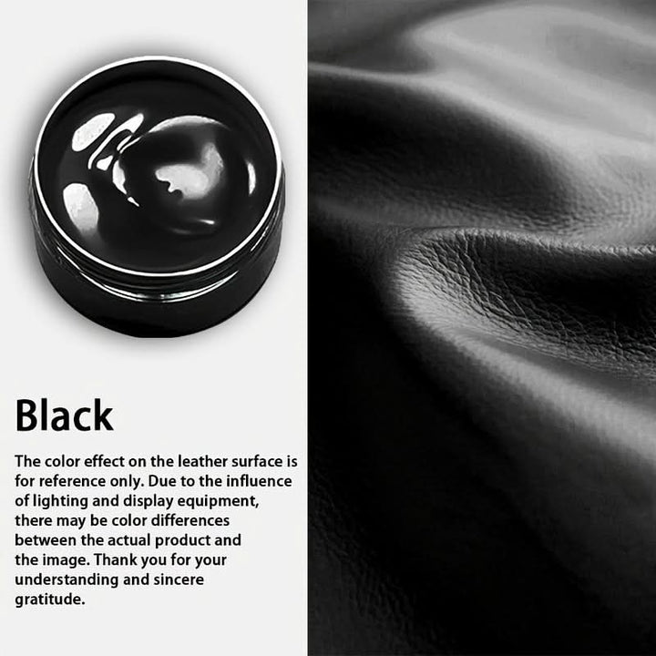 Detailed view of leather repair paint jar with opened lid showing thick consistent formula