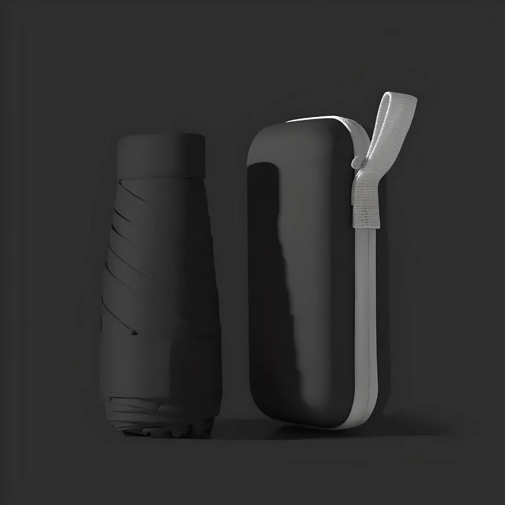 Men's compact travel umbrella in black with waterproof hard case and stainless steel frame