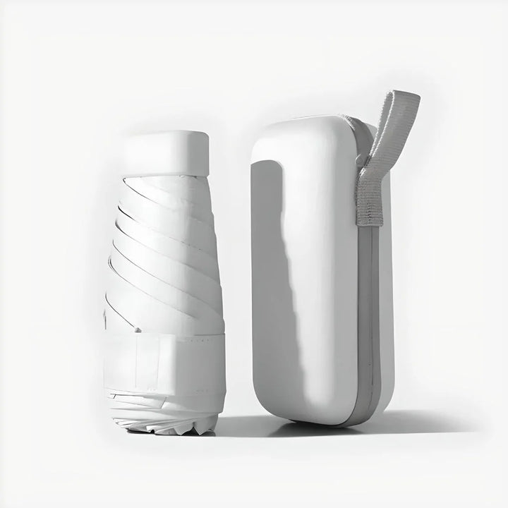Compact travel umbrella folded to 14 cm showing portable size and waterproof storage case