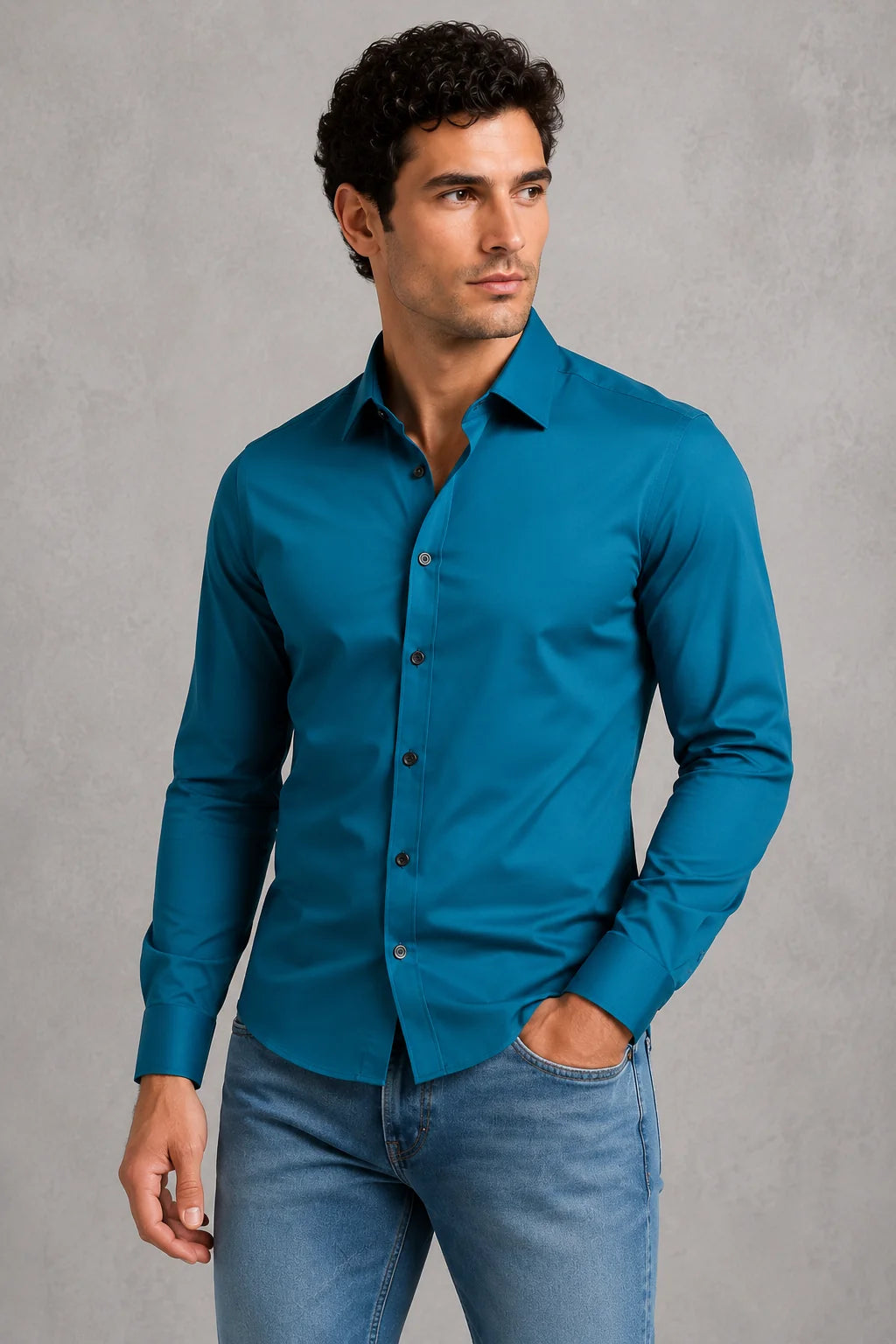 Men's formal shirt chest pocket and button detailing