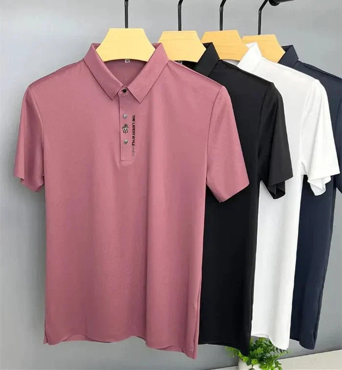 Men's polo shirt showing structured fabric and relaxed fit through body