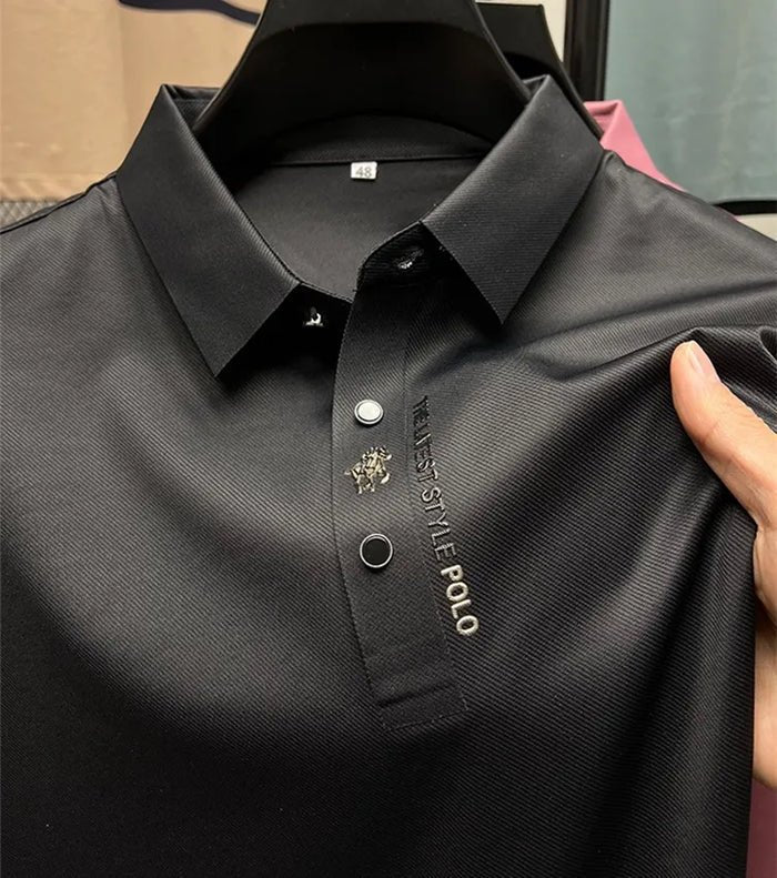 Close-up of men's polo shirt collar and button placket with ribbed texture