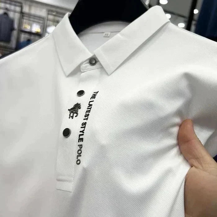 Men's short sleeve polo shirt showing relaxed fit and structured fabric drape