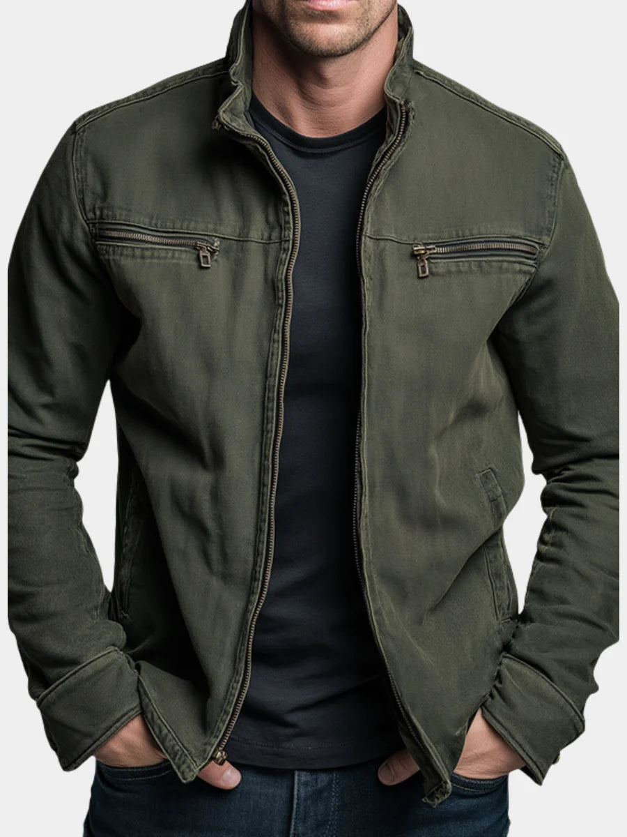 Men's zip-up jacket in olive green with stand collar and chest zip pockets on model