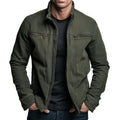 Close-up view of men's zip-up jacket showing front zip closure and chest pocket detail