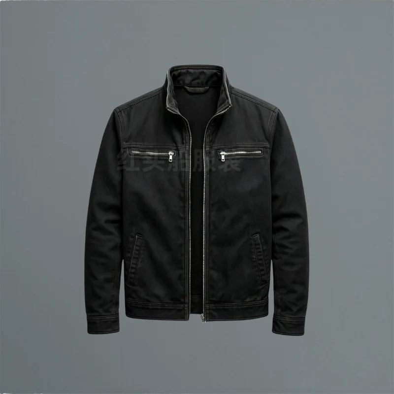 Side profile of men's olive green zip-up jacket displaying relaxed fit and structured fabric